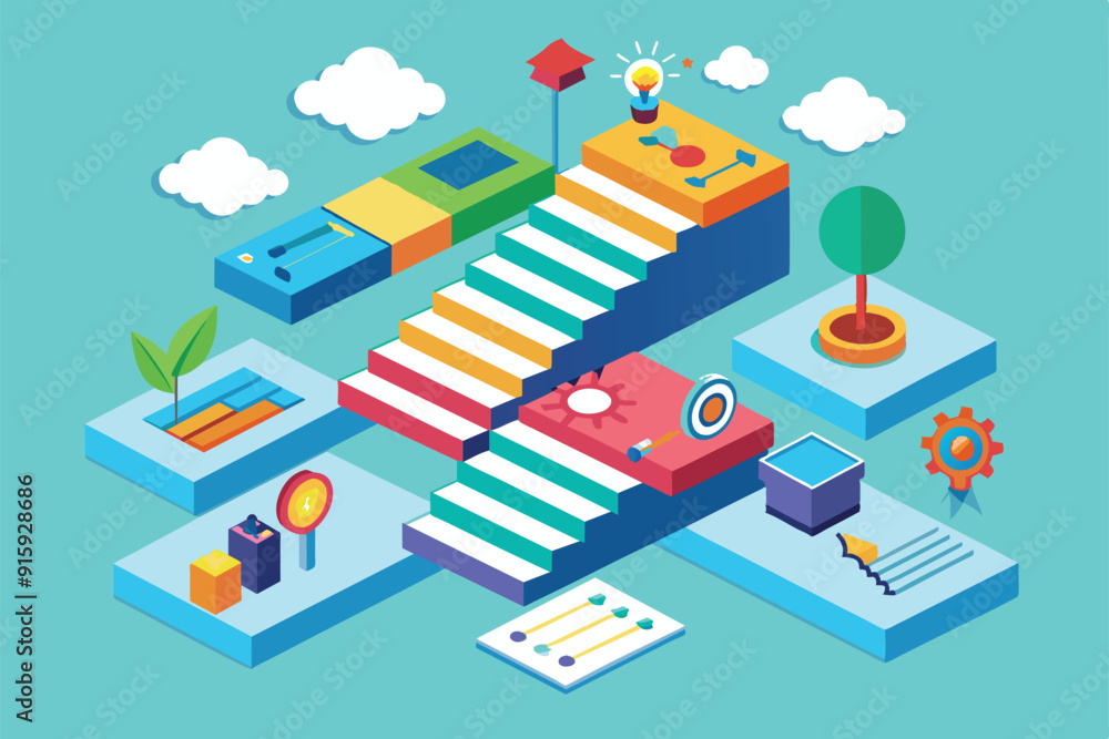 Colorful representation of customizable steps illustrating growth and achievement with creative elements like trees, gears, and targets Colorful representation of customizable steps illustrating growth and achievement with creative elements like trees, gears, and targets