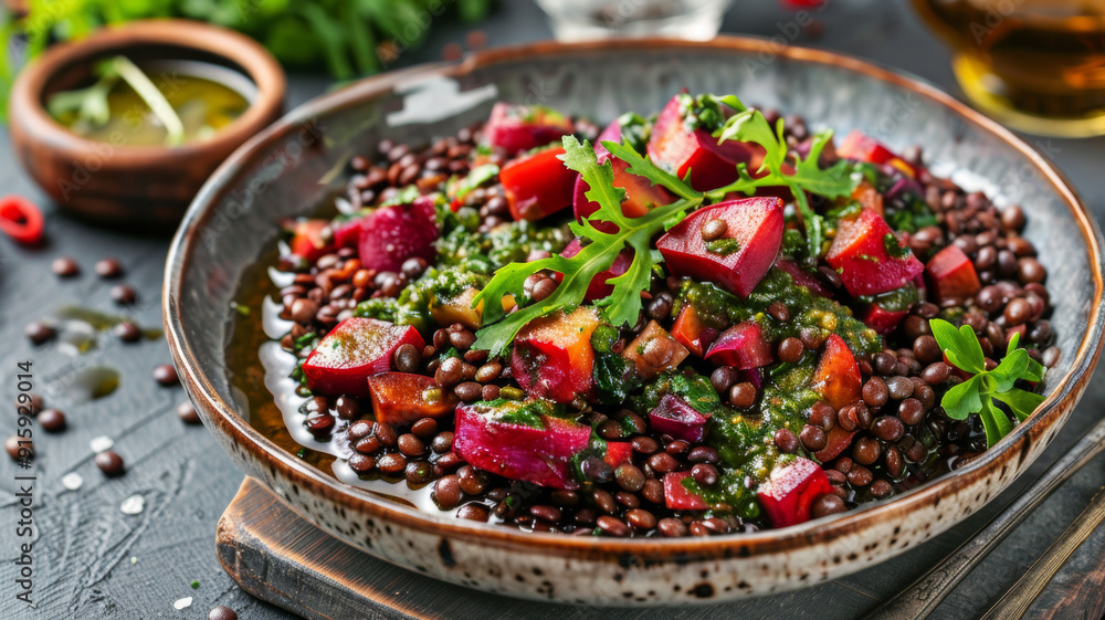 The national cuisine of Canada. Canadian lentil salad with baked beetroot and green dressing. The national cuisine of Canada. Canadian lentil salad with baked beetroot and green dressing.