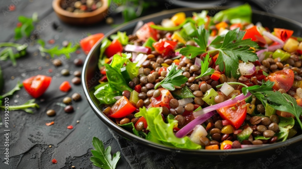 The national cuisine of Canada. Canadian lentil salad with baked beetroot and green dressing. The national cuisine of Canada. Canadian lentil salad with baked beetroot and green dressing.