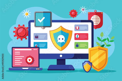 A vibrant workspace showcases computer antivirus software with security alerts, protection icons, and various visual elements promoting cybersecurity awareness