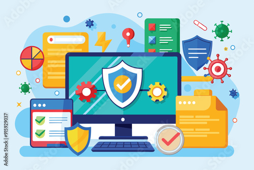 A computer with antivirus software displayed shows secure shield icons and network protection visuals amidst organizational files and digital security elements