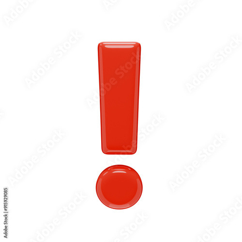 Exclamation mark icon. Punctuation mark isolated on a transparent background. 3D render of a sign in red plastic with a glossy texture.