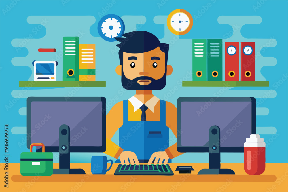 A computer technician focuses on work at a desk with two monitors, surrounded by office supplies like folders and a coffee mug in a colorful workspace A computer technician focuses on work at a desk with two monitors, surrounded by office supplies like folders and a coffee mug in a colorful workspace
