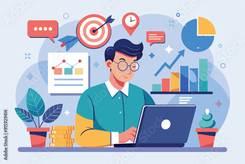 A worker engages with business goals by examining data sets and charts on a laptop in a vibrant office environment