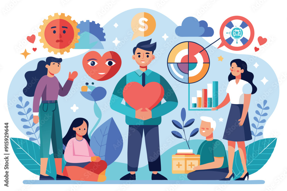 Fototapeta premium A group of individuals interacts, symbolizing empathy and emotional support in a community setting, highlighting feelings, financial aspects, and creative expressions