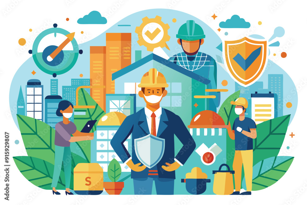 A group of construction workers focuses on well-being and safety practices within an urban setting, highlighting teamwork and protective measures A group of construction workers focuses on well-being and safety practices within an urban setting, highlighting teamwork and protective measures