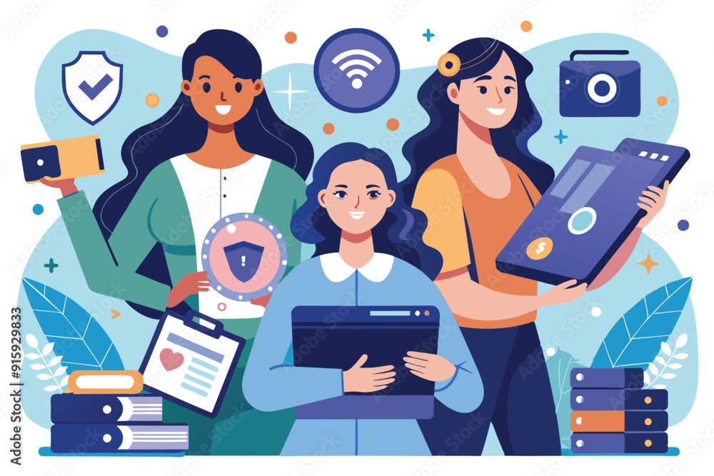Three women actively participate in securing data and utilizing technology in a colorful office environment filled with documents and devices Three women actively participate in securing data and utilizing technology in a colorful office environment filled with documents and devices