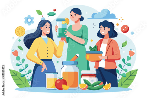 Three women talk and share food supplements and tips for improving health, surrounded by vibrant fruits and vegetables in a pleasant outdoor setting