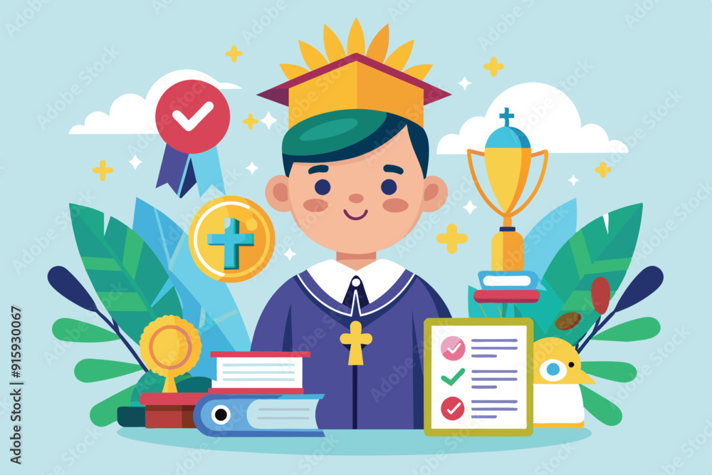 A cheerful cartoon character wearing a graduation cap, surrounded by symbols of success, including trophies, checklists, and decorative elements