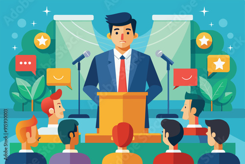 A speaker stands at a podium, addressing an engaged audience in a colorful conference setting focused on communication methods