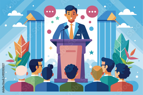 A conference speaker captivates an audience with insightful content, showcasing enthusiasm and expertise in a professional setting surrounded by colorful visuals