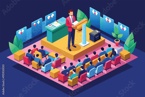 A speaker presents to an engaged audience, utilizing visual aids and a podium in a vibrant conference room setting