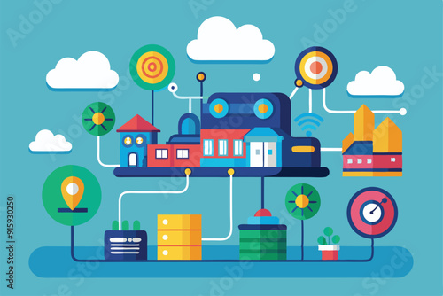 A vibrant illustration depicting a smart city layout, showcasing buildings, trees, and geolocation markers, emphasizing connected technology and urban planning