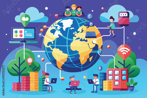 A vibrant illustration depicting a global network where individuals interact with technology and collaborate in learning environments