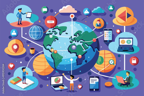 A vibrant illustration shows a connected globe with figures engaging in various activities related to technology, communication, and global interaction