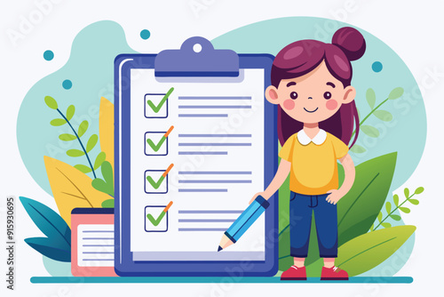 A young girl with a clipboard checks off items on her to-do list while standing among vibrant green plants