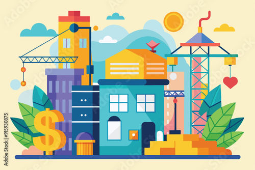 This flat illustration displays customizable construction costs with cranes, buildings, and a variety of activities in a vibrant cityscape