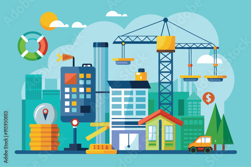 A vibrant illustration showcases various construction activities, equipment, and buildings in a bustling urban environment