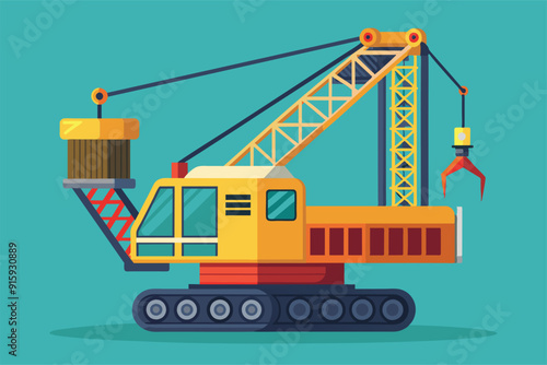 A construction crane lifts materials on a bustling construction site under clear skies