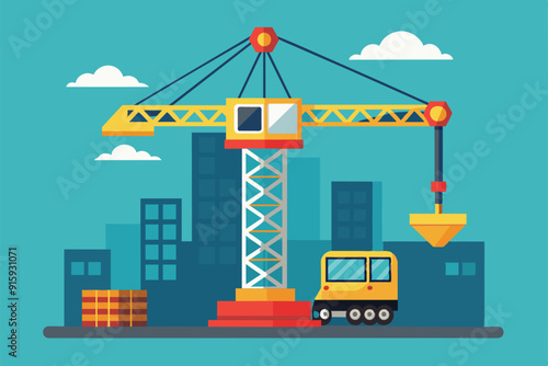 A bright, flat illustration shows a construction crane working at a bustling urban site, surrounded by buildings and construction materials