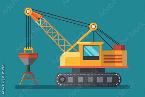 A bright, colorful illustration showcases a construction crane with a bucket, ready for lifting materials at a construction site