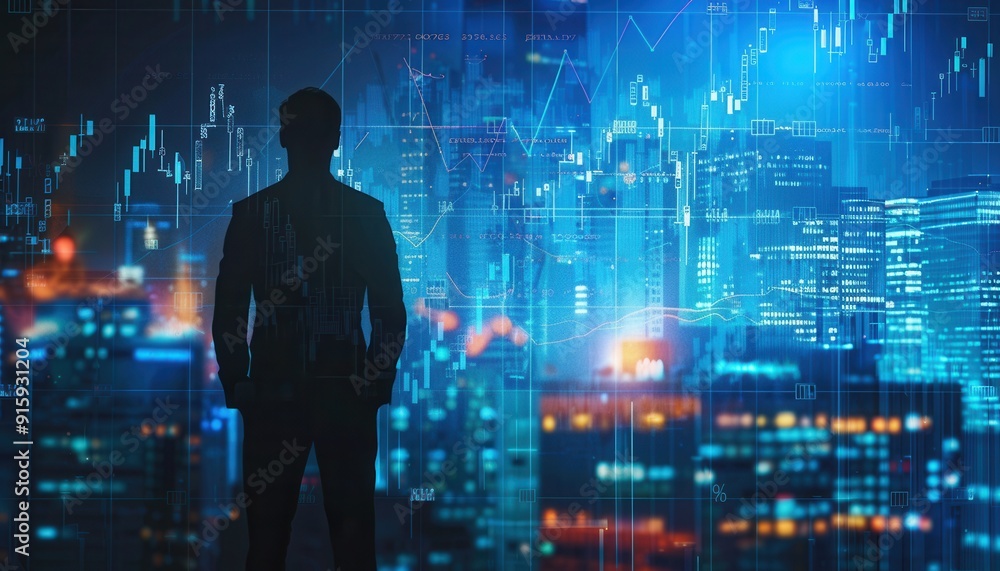 Business professional stands against a futuristic urban skyline with digital data graphs at night Business professional stands against a futuristic urban skyline with digital data graphs at night