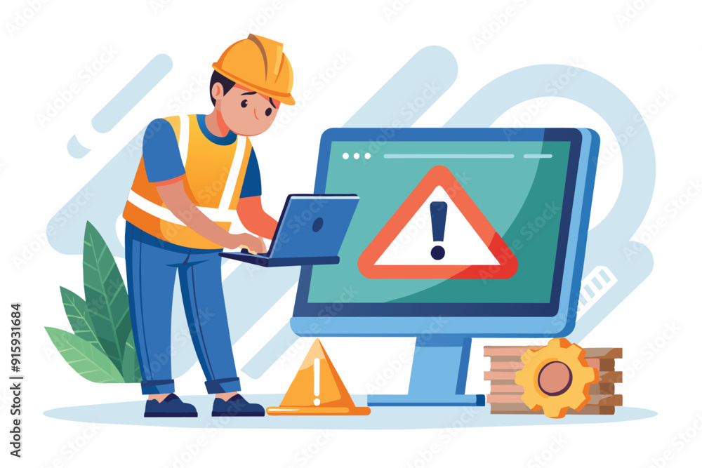 A construction worker addresses a website error while using a laptop next to a warning sign and computer monitor at a job location A construction worker addresses a website error while using a laptop next to a warning sign and computer monitor at a job location