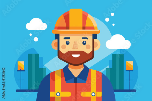 A cheerful construction worker wearing a hard hat and safety vest stands against a backdrop of city buildings and a clear blue sky