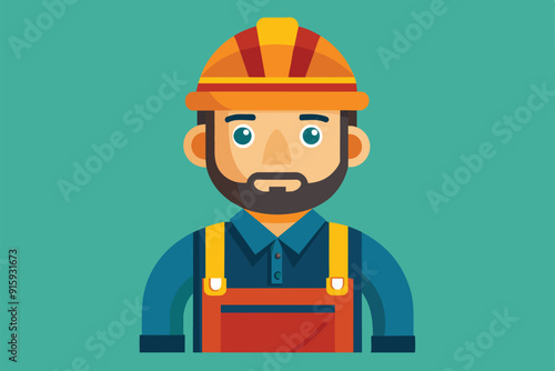 A construction worker wearing a hard hat and overalls is ready for work, showcasing a professional look in a safe, colorful setting