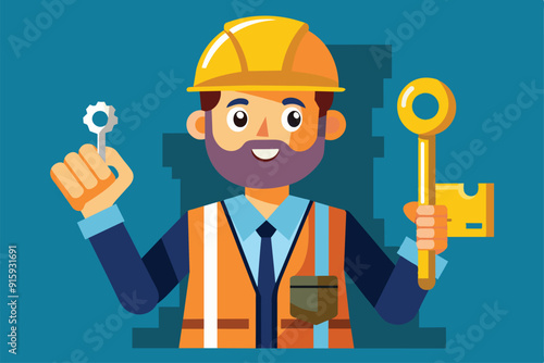 A construction worker smiles while holding keys and a tool, showcasing readiness to begin work on a current project at a construction site