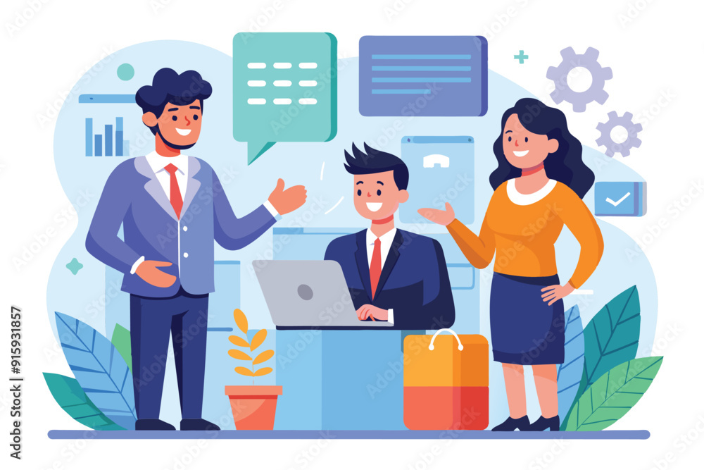 Three professionals engage in a consultative sales discussion at a modern office, utilizing technology and friendly interaction to drive collaboration Three professionals engage in a consultative sales discussion at a modern office, utilizing technology and friendly interaction to drive collaboration