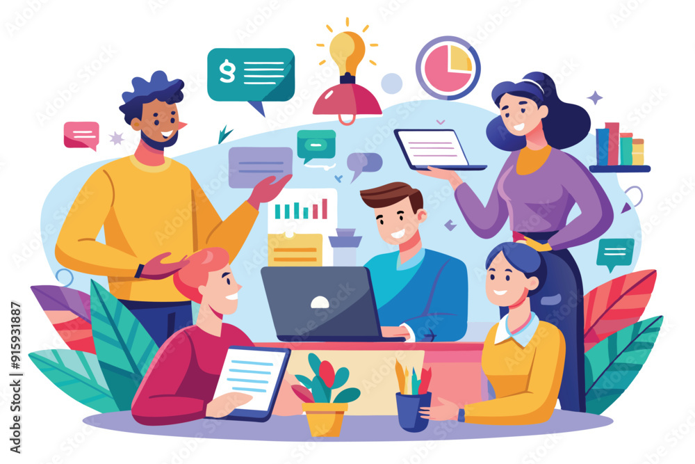 A group of professionals discusses work projects while sharing ideas in a vibrant office setting filled with plants and digital tools A group of professionals discusses work projects while sharing ideas in a vibrant office setting filled with plants and digital tools