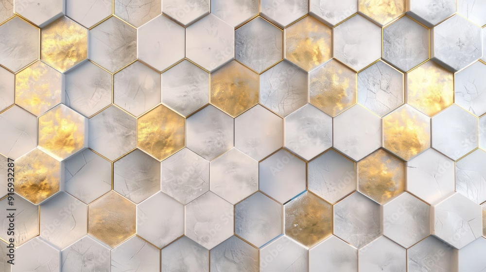 Geometric Wall of Hexagons with Gold Accents. Geometric Wall of Hexagons with Gold Accents.