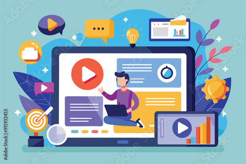 A tablet displays a dynamic content marketing strategy presentation featuring colorful visuals and interactive elements for effective engagement