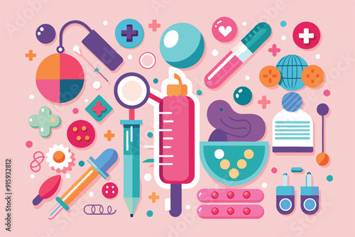 A colorful illustration showcases diverse contraception methods and related tools, highlighting their design and educational use in sexual health