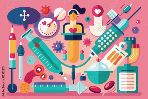 Various contraception methods and tools are creatively arranged against a colorful backdrop, showcasing health and family planning resources