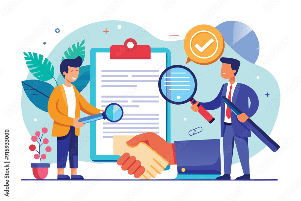 Two individuals are engaged in a contract conclusion, reviewing details on a clipboard and preparing for a handshake Two individuals are engaged in a contract conclusion, reviewing details on a clipboard and preparing for a handshake