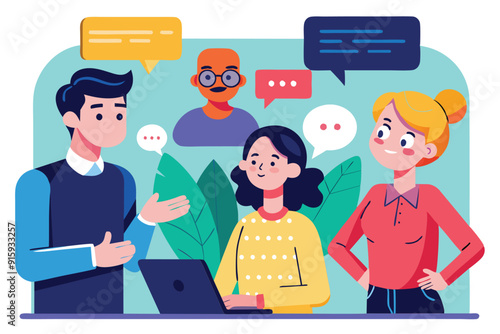 Three colleagues share ideas in a vibrant office setting while working on a project together, showcasing teamwork and communication skills