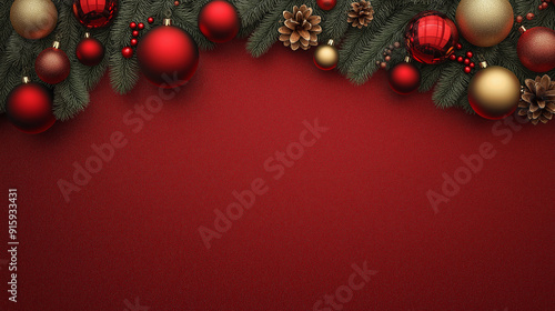 Christmas Border with Ornaments and Pine Cones on Red Background for Holiday and Festive Decoration Themes photo