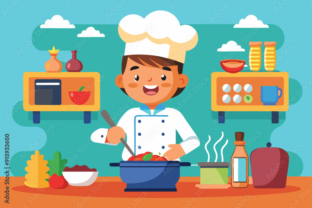 A cheerful cartoon chef stirs a pot filled with fresh vegetables in a vibrant kitchen, surrounded by colorful ingredients and cooking tools A cheerful cartoon chef stirs a pot filled with fresh vegetables in a vibrant kitchen, surrounded by colorful ingredients and cooking tools