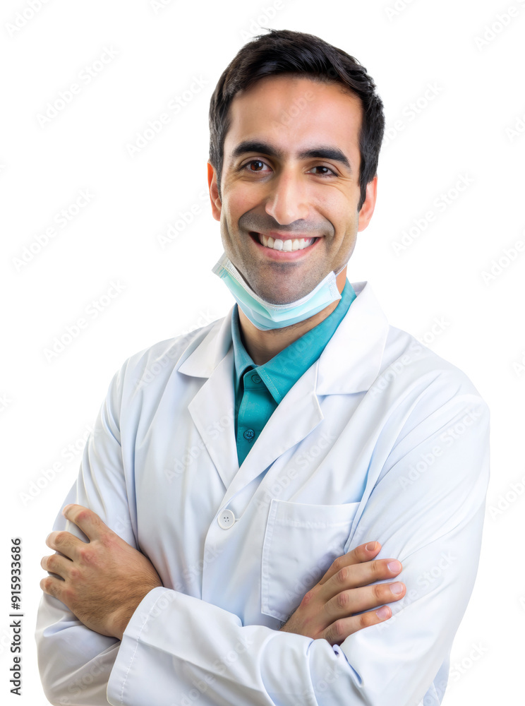 Smiling male dentist in white coat with surgical mask isolated on transparent background Smiling male dentist in white coat with surgical mask isolated on transparent background
