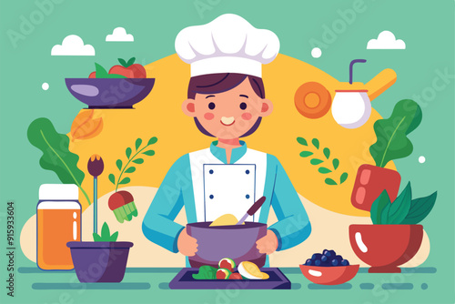 A joyful chef mixes ingredients in a bowl, surrounded by fresh fruits, vegetables, and cooking utensils, creating a vibrant culinary atmosphere