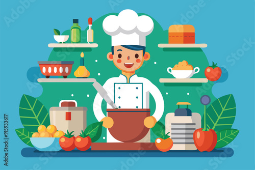 A cheerful chef mixes ingredients in a bowl while surrounded by various fresh vegetables, fruits, and cooking tools in a vibrant kitchen