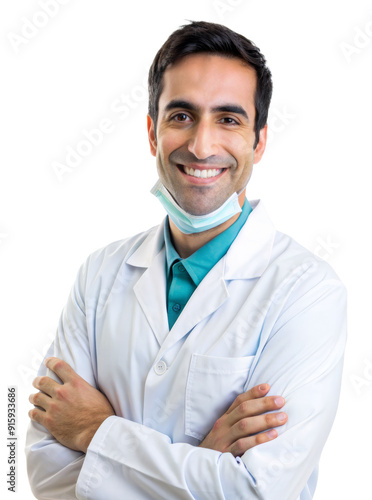 Smiling male dentist in white coat with surgical mask isolated on transparent background