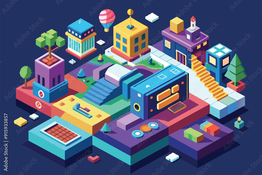 A colorful cityscape features playful buildings, trees, and various activities, inviting exploration in a unique isometric style illuminated by a night backdrop A colorful cityscape features playful buildings, trees, and various activities, inviting exploration in a unique isometric style illuminated by a night backdrop