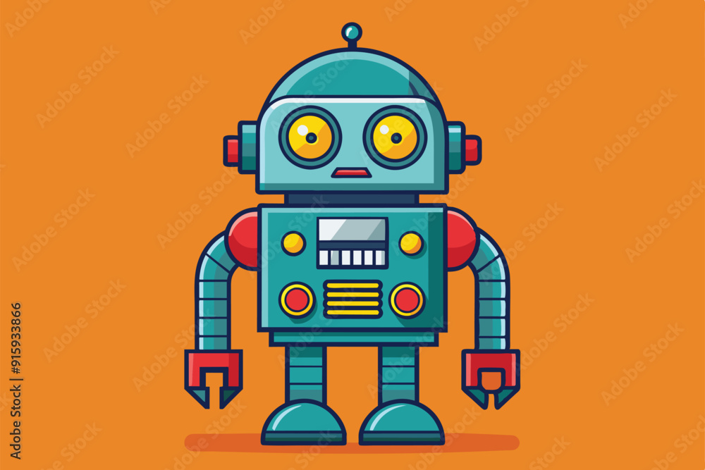 A vibrant cartoon robot with retro features stands ready for customization, showcasing its unique design and playful personality against a bright orange backdrop A vibrant cartoon robot with retro features stands ready for customization, showcasing its unique design and playful personality against a bright orange backdrop