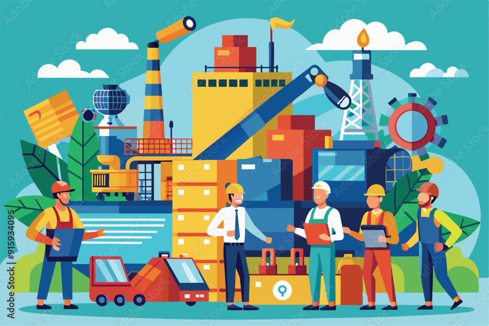 Workers engage in discussions about logistics and operations, surrounded by machinery and cargo, showcasing teamwork in a bustling industrial environment Workers engage in discussions about logistics and operations, surrounded by machinery and cargo, showcasing teamwork in a bustling industrial environment