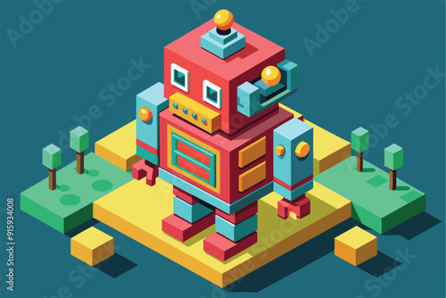 A vibrant, customizable robot stands on a bright platform amidst small trees, showcasing an engaging isometric design in a futuristic setting