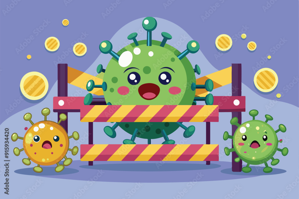 Cartoon depiction of viruses celebrating a border closure, featuring playful characters and caution barriers in a vibrant background