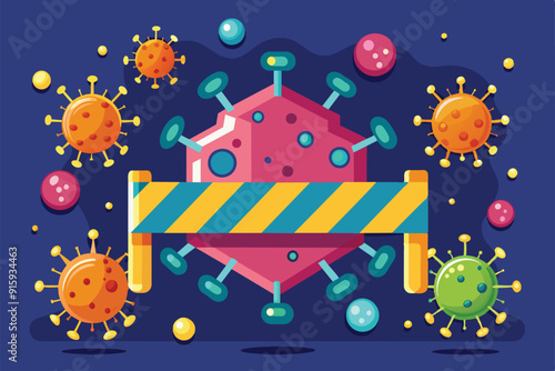 A vibrant graphic illustrating a border closure related to coronavirus, featuring various virus particles and a striped barrier in the center